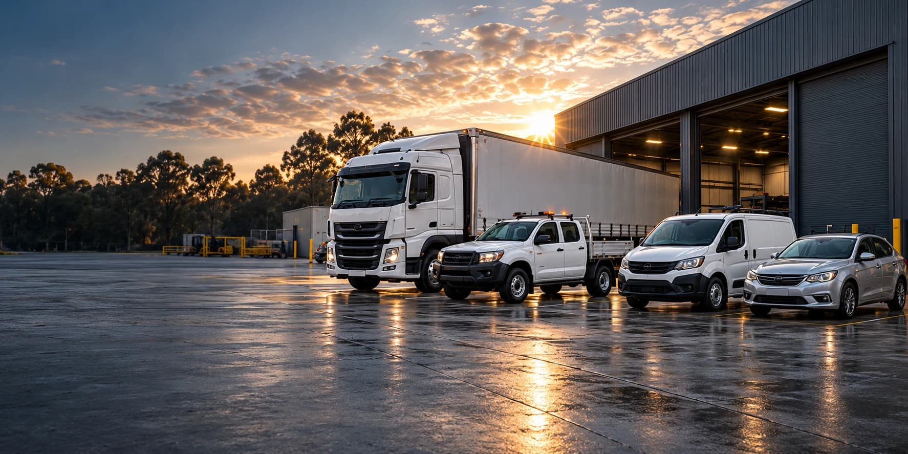 A truck, service ute, commercial van and company car at a transport depot